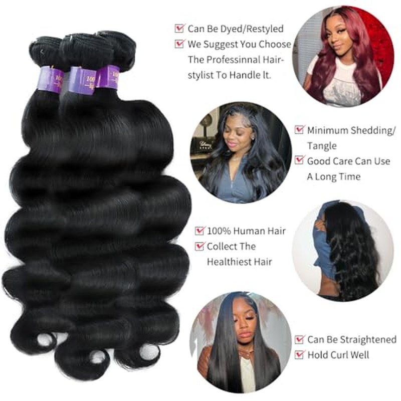 Body Wave Bundles Human Hair 20 22 24 Inch 12A Grade 100% Unprocessed Brazilian Virgin 3 Bundles Human Hair Natural Black