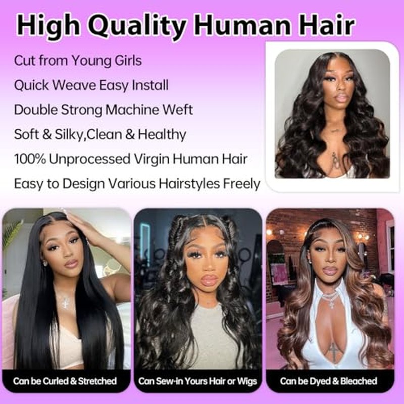 12A Body Wave Bundles Human Hair 22 24 26 Inch Human Hair Bundles 100% Unprocessed Brazilian Virgin Weave 3 Bundles Deals for Women Quick Weave Wet and Wavy Thick and Full Hair Real Natural Black