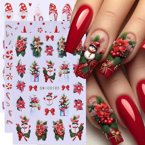 Christmas Nail Art Stickers Decals 16PCS 3D Self-Adhesive New Year Sticker for Nail Art Santa Claus Tree Elk Snowman Gonks Red Designs DIY Xmas Winter Decor Nail Art Supplies for Women Girls