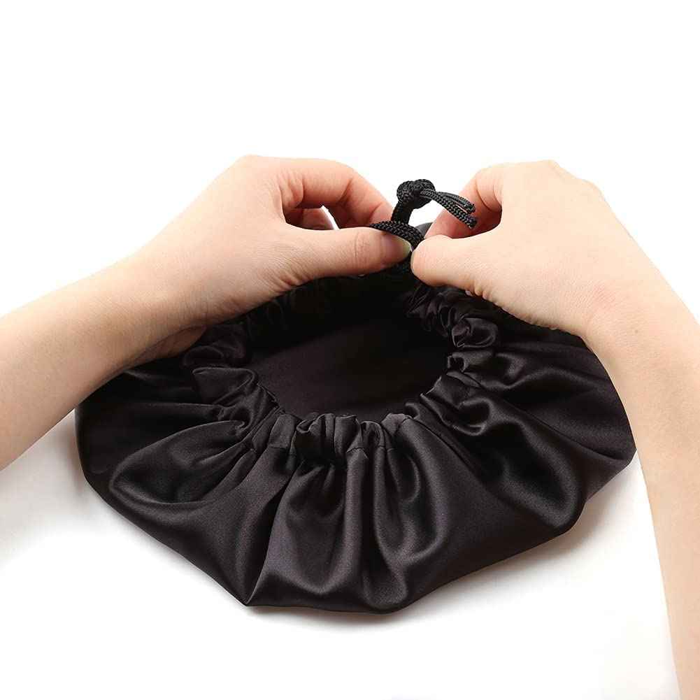 ELIHAIR 2pc Kids Satin Bonnet Sleeping Cap for Natural Hair Teens Toddler Child Baby Adjustable Satin Cap for Night Sleeping Reversible Double Layer(Black+ Pink/Purple)