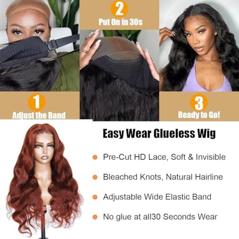 Reddish Brown 26 Inch Body Wave Glueless Wig Human Hair Pre Plucked Pre Cut 6X4 HD Lace Body Wave Put on Wigs Human Hair #33 180% Density 3 Seconds to Wear Easy Glueless Wigs for Beginners