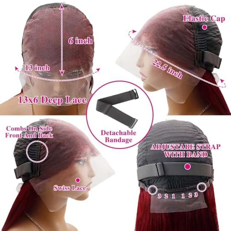 99j Burgundy 13x6 HD Lace Front Wigs Human Hair 24inch Straight Human Hair Wigs HD Lace Frontal Wigs for Black Women 250% Density Glueless Wigs Human Hair Pre Plucked Pre Cut With Baby Hair