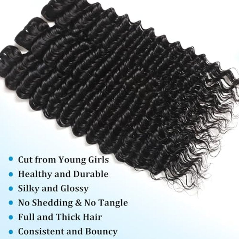 12A Deep Wave Human Hair Bundles 20 22 24 Inch Deep Curly Bundles Human Hair 100% Unprocessed Brazilian Virgin Weave 3 Bundles Double Weft