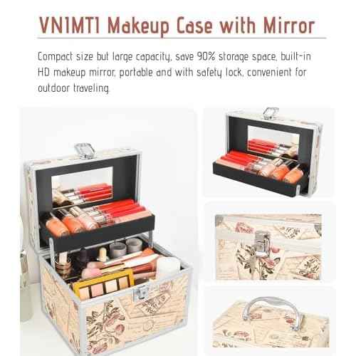 VNIMTI Makeup Train Case, Portable Makeup Box with Mirror, Cosmetic Storage Box for Women with Trays, Makeup Box Organizer for Vanity, Travel, Lockable& Large Capacity (Philatelic Style)