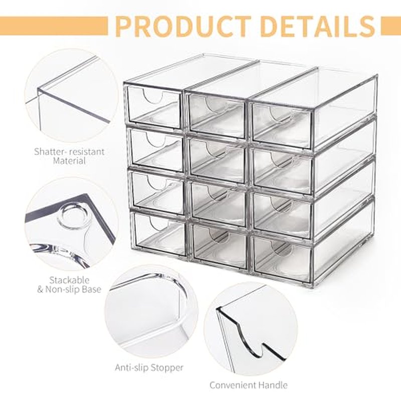 Desk Organizer with Drawers, Stackable Plastic Storage Drawers for Makeup or Desk Organization, Cabinets for Office Dressing Countertop Bathroom Bedroom (12 Packs)