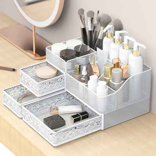 Lamesa Makeup Organizer for Vanity, Metal Makeup Organizers and Storage, Large Capacity Vanity Organizers for Cosmetics, Skincare, Desk Organizers with Drawers for Dresser Countertop(Large White)
