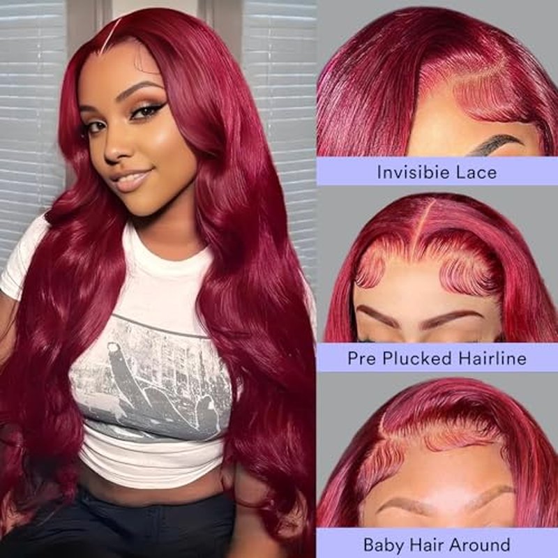 28 Inch 99j Burgundy Lace Front Wigs Human Hair 13x4 HD Red Burgundy Wig Human Hair 200 Density Wine Red Body Wave Lace Front Wigs Pre Plucked Glueless Frontal Wigs for Women