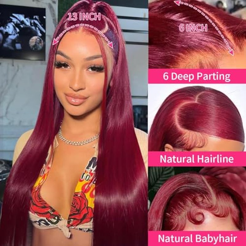 99j Burgundy 13x6 HD Lace Front Wigs Human Hair 24inch Straight Human Hair Wigs HD Lace Frontal Wigs for Black Women 250% Density Glueless Wigs Human Hair Pre Plucked Pre Cut With Baby Hair