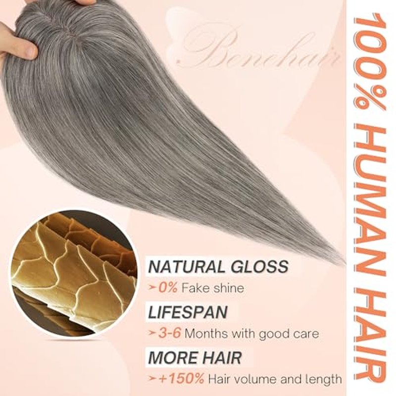 Benehair Human Hair Toppers for Women Clip in Hair Toppers for Daily Use 2 * 6cm Hand Made Lace Base Long Coverage Natural Hairpiece Wiglet #Gray 10Inch