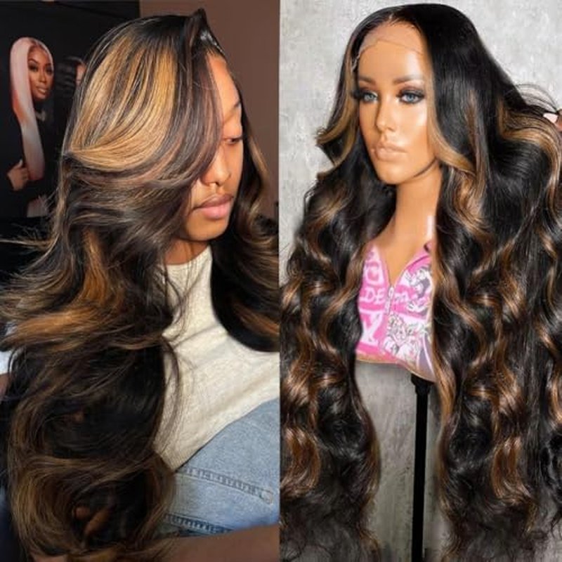 1B/30 Highlight Ombre Lace Front Wigs Human Hair 13x6 HD Glueless Body wave Lace Frontal Wigs 180% Density Brazilian Virgin Human Hair Wigs for Women Pre Plucked with Baby Hair (1B30, 24Inch)