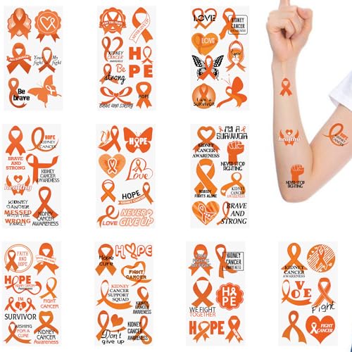 WANDIC 30 Sheets Orange Ribbon Temporary Tattoos, Leukemia Awareness Tattoo Sticker Lymphoma Kidney Cancer Awareness Stickers for Charity Eveny