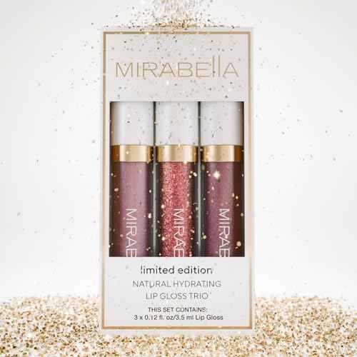 Mirabella 3 Pack Lip Gloss Trio - Highly Pigmented Shimmer Lip Gloss Non Sticky with Hydrating Medical Grade Lanolin for Chapped Lips, Lip Gloss for Women Set of 3 Shades