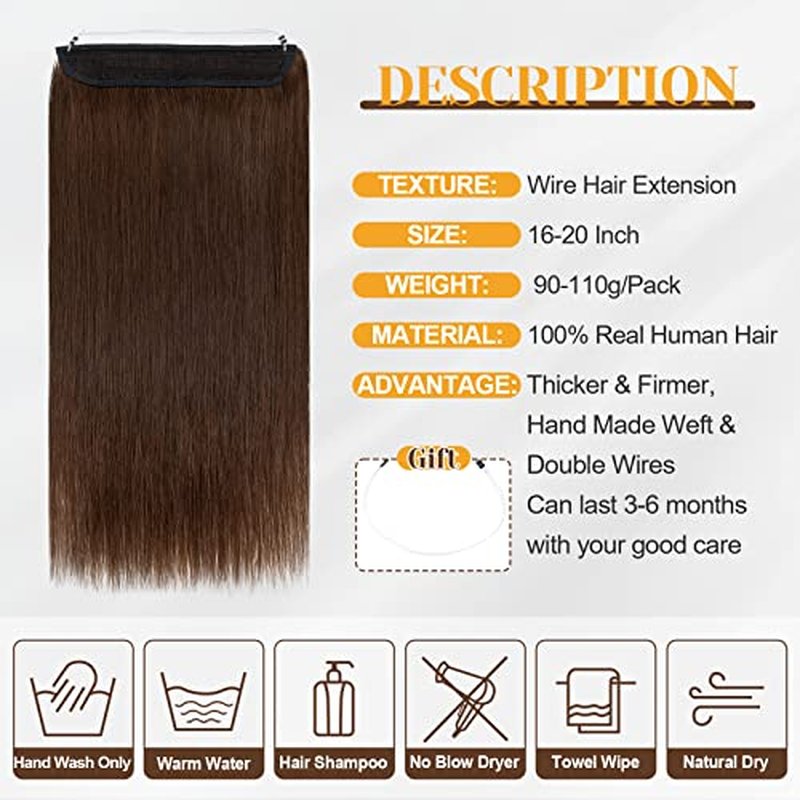 Benehair Human Hair Extensions Thick Ends Invisible Wire Real Human Hair with 2 Fish Lines Thicker Hairpieces 20inch 110g Medium Brown Hair Extensions Straight Thicker Hairpieces for Women #4