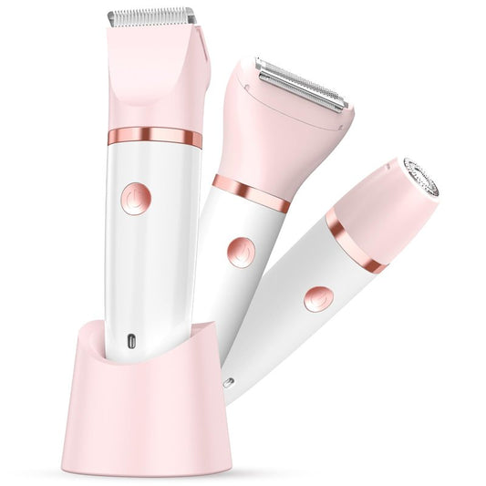 Bikini Trimmer for Women, Painless Electric Razor Shaver Women - Rechargeable Body Hair Trimmer, 3-In-1 Detachable Removal Kit with Ceramic Blade, Cordless Lady Shaver for Trip, IPX7 Waterproof, White