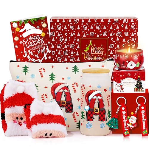 Christmas Gifts for Women - Initial Glass Cup Makeup Bag, Christmas Decorations, Stockings, Scented Candles, Card & Keychain Set for Her