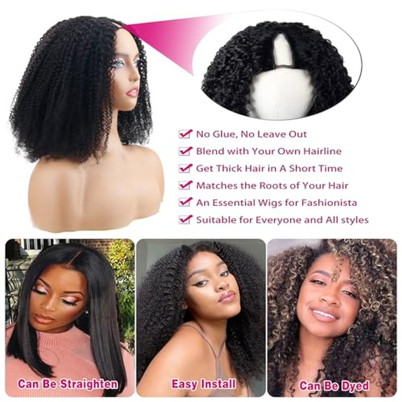 V Part Wigs Human Hair Afro Kinky Curly Glueless Wig Human Hair 200% Density Kinky Curly V Shape Wig Upgrade None Lace No Sew In V Part Wigs With Drawstring Beginner Friendly,Natural Color(18 Inch)
