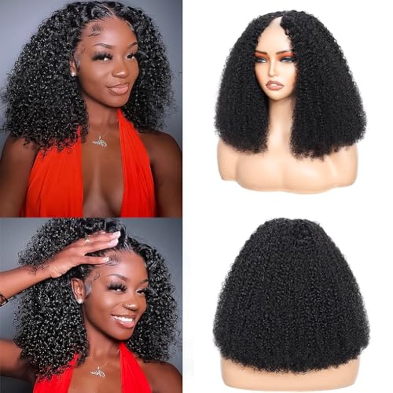 V Part Wig Human Hair Kinky Curly Natural Black 18 Inch | Curly Human Hair Wig Upgrade U Part Human Hair Wigs for Black Women Glueless Wig Wear and Go 180 Density