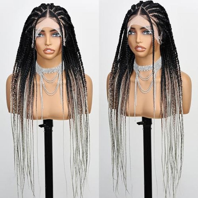 30 Inch Braided Wig Non Embroidered Full Lace Knotless Box Braided Wigs 3 Tones T1B/30/613 Long Braiding Hair Wigs Synthetic Lace Front Wigs for Women