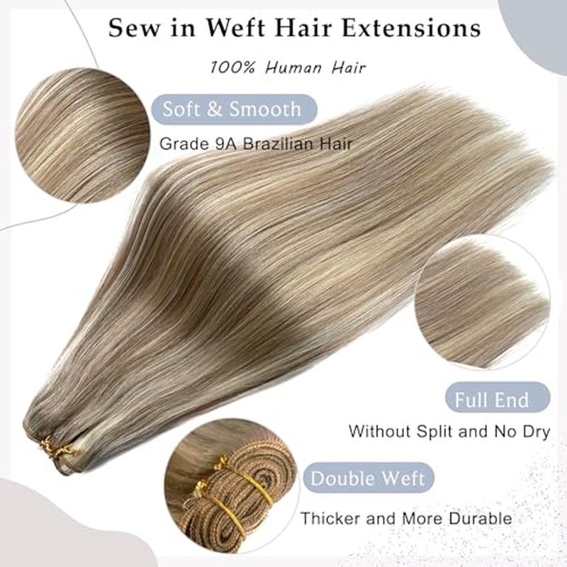 Sew in Hair Extensions Real Human Hair 24 Inch Weft Extensions Real Remy Hair Ash Brown Balayage Platinum Blonde Highlights Weft Full Head Straight Hair Weaves 120G Hair Weft Bundles Straight Hair