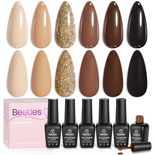 Beetles Fall Brown Gel Polish - 6 Colors Nude Brown Neutral Beige Khaki Glitter Gold Gel Nail Polish Set Roasted Chestnuts Collection Uv Gel Nail Art Manicure