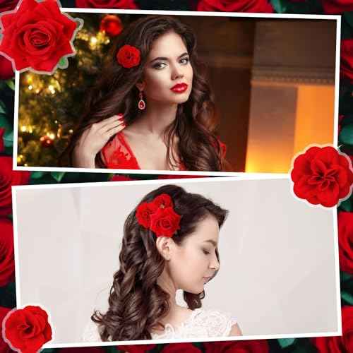 BBTO 21 Pieces Flower Hair Clip Rose Hair Clips Hair Barrettes for Women Flower Hair Accessories Boho Bride Claw Clip Hairpin Brooch Pin Headpiece for Wedding(Red,Large, Medium, Small)