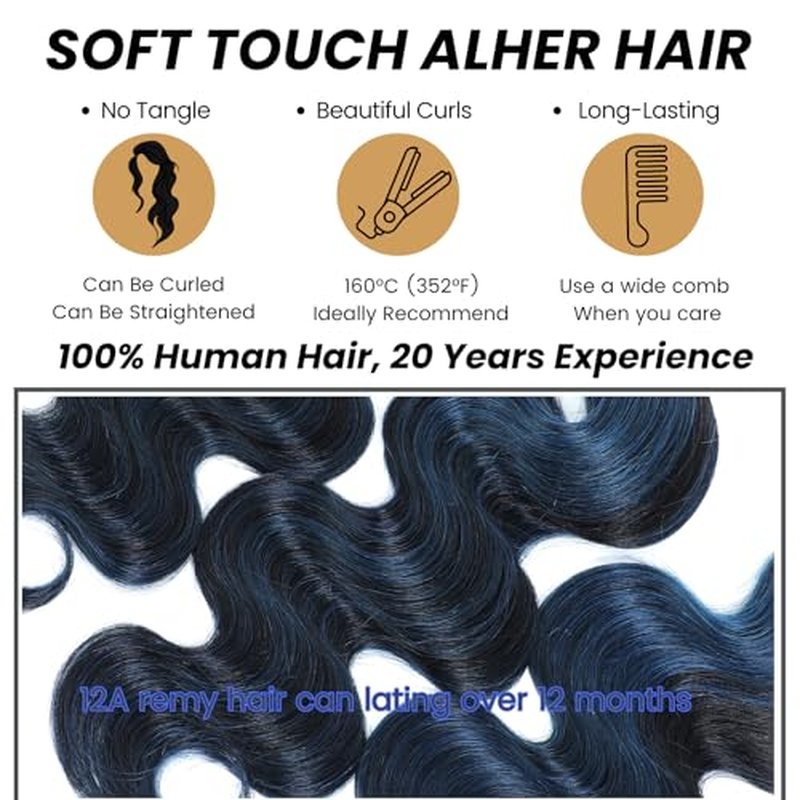 ALHER Black Mix Midnight Blue Bundle Human Hair Body Wave, 12A Soft Thick 3 Bundles Wavy Human Hair, 100% Remy Hair Balayage Two Tone Subtle Colored Double Weft (#1B/Blue, 12 14 16 IN)