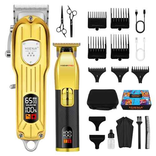 HIENA PRO Hair Clippers Set for Men, Professional Barber Kit for Hair Cutting, Cordless Rechargeable Clippers and Trimmers Set, Hair Cutting Kit with LED Display, USB, Gifts for Men (Gold Black)