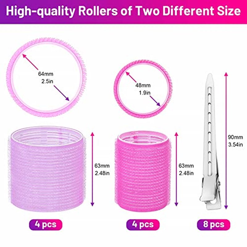 Self Grip Hair Rollers Curlers 16 Pcs Set with 8Pcs Hair Rollers 2 Sizes (4 Jumbo & 4 Large) and 8 Pcs Hair Clips for Long Medium Short Thick Fine Thin Hair Volume