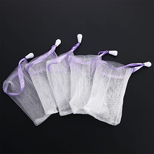 Leadigol 10PCS Face Cleansing Foaming Nets, Mesh Soap Pouch, Bubble Foam Double Layer Net Soap Sack Saver Pouch, White Pouch with Drawstring, Drawstring Holder Bags