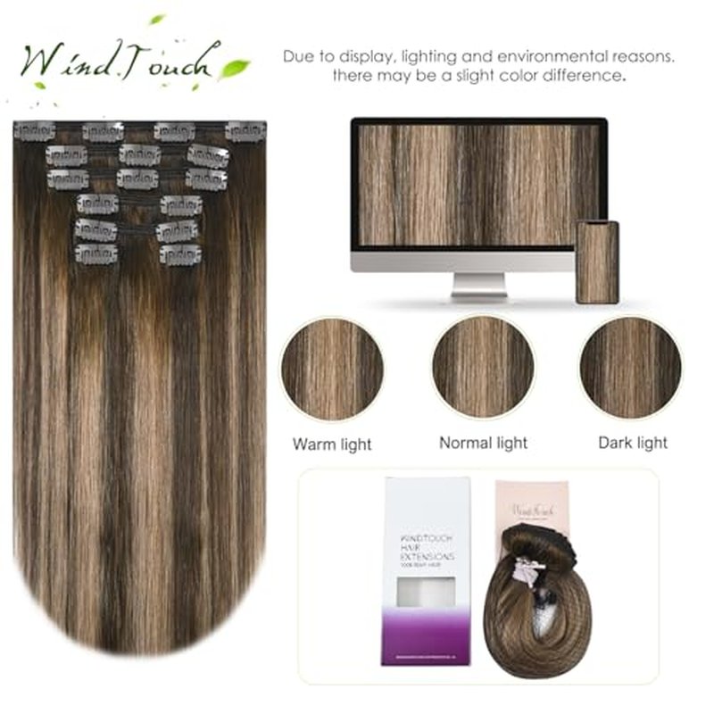 WindTouch Clip in Hair Extensions Ombre Medium Brown to Caramel Blonde Balayage Clip in Hair Extensions Real Human Hair 16Inch 7Pcs 120g