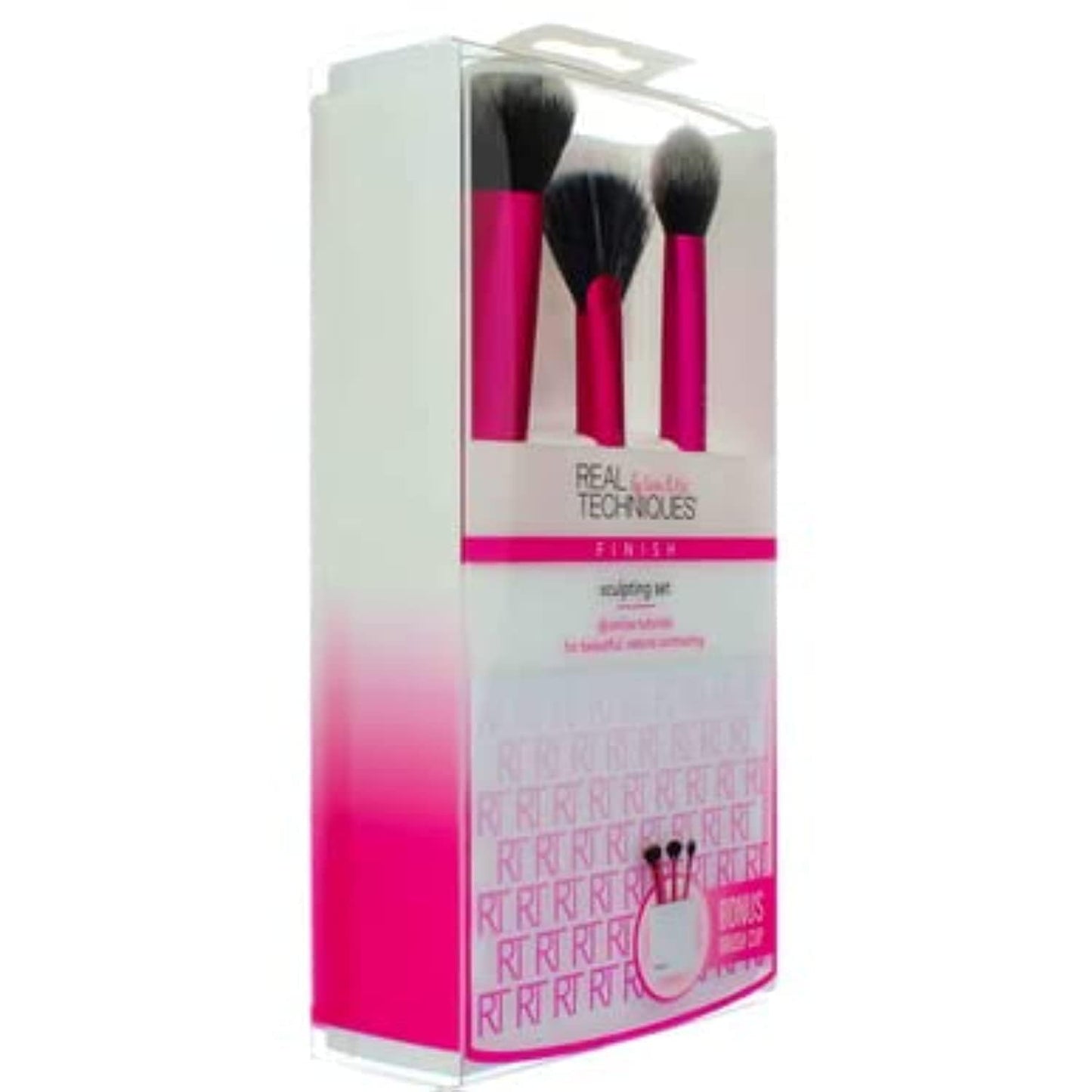 Real Techniques Cruelty Free Sculpting Set, Includes Fan or Setting Brush & Brush Cup, Synthetic Bristles, Pink, 4 Piece