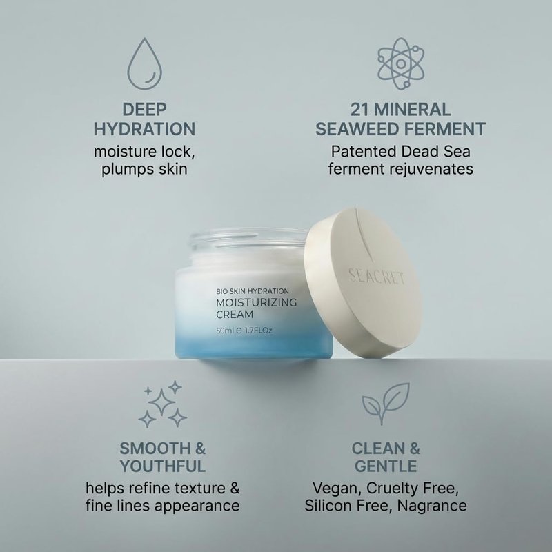 SEACRET Bio Skin Hydration Face Moisturizer - Fermented Dead Sea Algae Gel-Cream, Niacinamide & Hyaluronic Acid, 24 Hour Hydration, Barrier Support, Vegan, Silicone-Free, 1.7 fl oz
