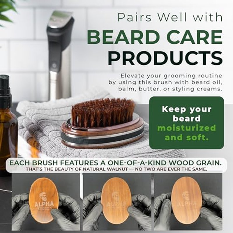 Premium Handmade 4.5" Boar Bristle Beard Brush for Men ? Natural Walnut Wood & Non-Slip Rubber Grip ? Men¡¯s Grooming Brush for Short, Medium & Long Beards ? Mustache & Beard Care Tool ? Alpha Organics