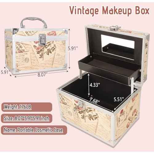 VNIMTI Makeup Train Case, Portable Makeup Box with Mirror, Cosmetic Storage Box for Women with Trays, Makeup Box Organizer for Vanity, Travel, Lockable& Large Capacity (Philatelic Style)