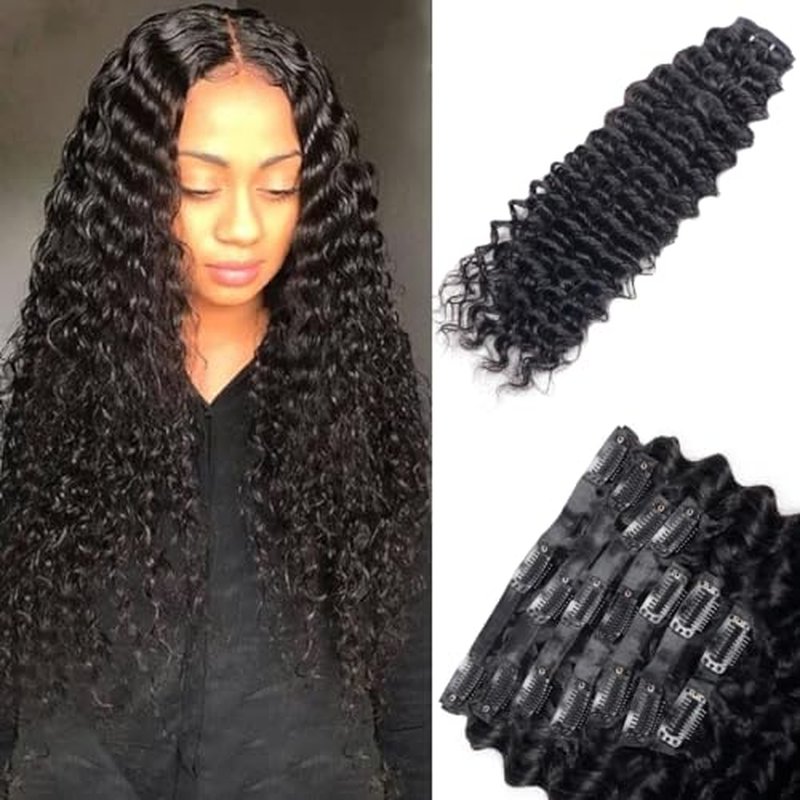 Seamless Clip in Hair Extensions Real Human Hair Deep Wave Brazilian Virgin Human Hair Clip in Extensions for Women 8Pcs PU Remy Hair Skin Weft with 18Clips 120g 22inch Natural Black