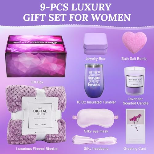 Birthday Gifts for Women Gifts Basket, Self Care Gifts ,Romantic Spa Gifts Care Package with Purple Flannel Blanket,Unique Xmas /Birthday Gifts for Mom, Sister, Wife, Girlfriend, Friends
