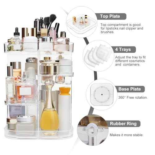 360-Degree Makeup Organizer, DIY Adjustable Rotating Cosmetic Storage Carousel Spinning Holder Storage Rack with 5 Layers Large Capacity, Best for Countertop, Square