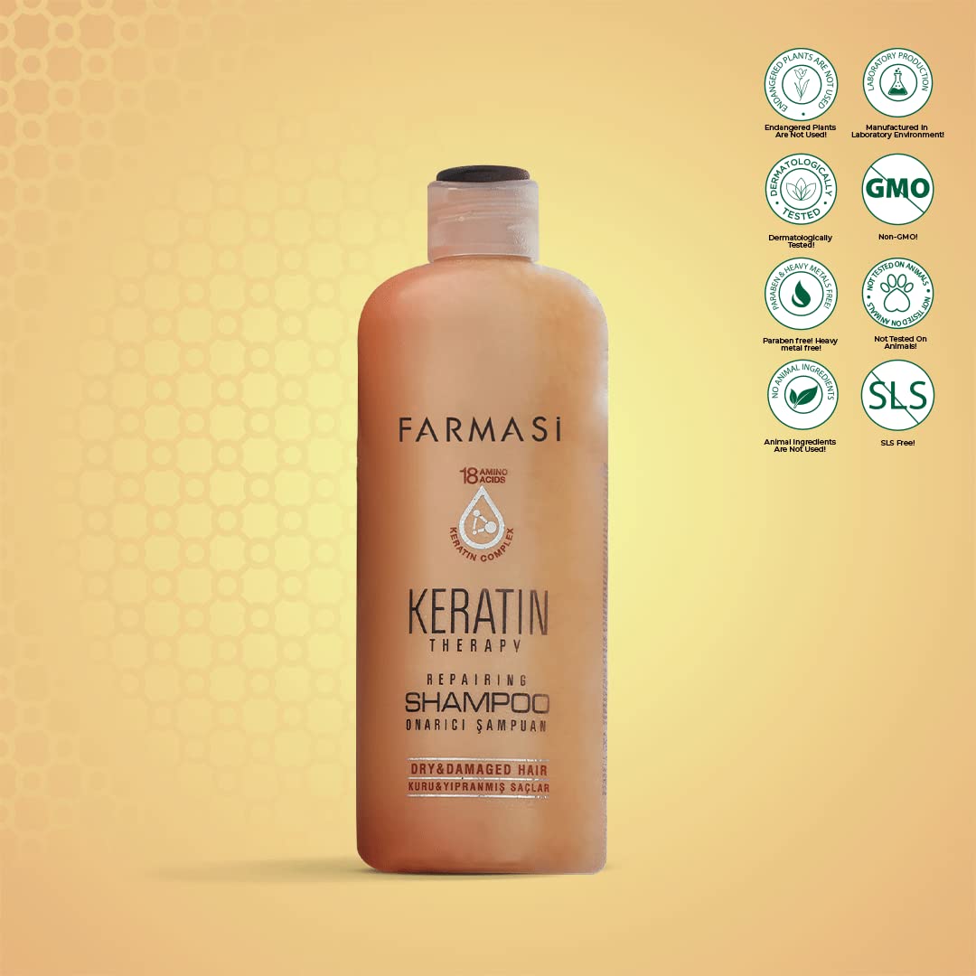 FARMASi Keratin Therapy Shampoo 12.2 fl oz & Hair Mask Set 6.7 fl oz: Repairing Cleanse & Deep Conditioning System for Dry Damaged Hair, Smoothness & Shine