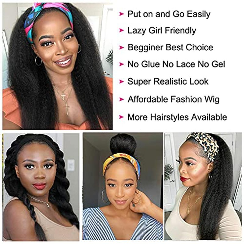Headband Wigs Human Hair 180% Density 12A Kinky Straight Human Hair Headband Wigs For Black Women Yaki Straight Human with Headband Attached Half Wig Natural Black Color 20 Inch