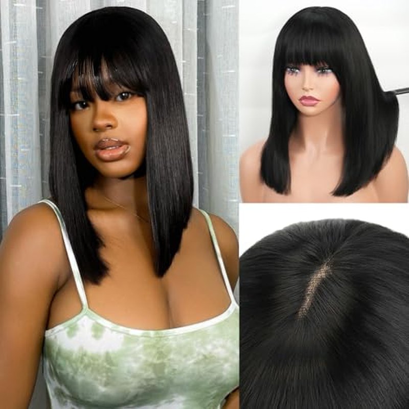 Bob Wig with Bangs Human Hair 200 Density Short Glueless Wigs Ready to Go Straight Bob Bangs Wig for Women Natural Black 14 Inches