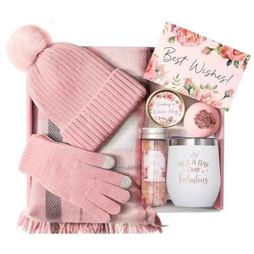 Christmas Gifts for Women, Relaxing Spa Gift Baskets Self Care Gift Warm Care Package Unique Birthday Gifts for Women Friend Her Mom Sister Wife Teacher w/ Winter Beanie Hat Plaid Scarf Gloves Set