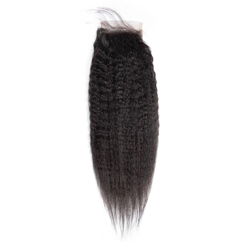Brazilian Kinky Straight 4x4 Lace Closure 100% Unprocessed Human Virgin Hair Pre Plucked Coarse Italy Yaki Pre-Plucked Hairline Closure Natural Black With Baby Hair (14inch, kinky straight closure)