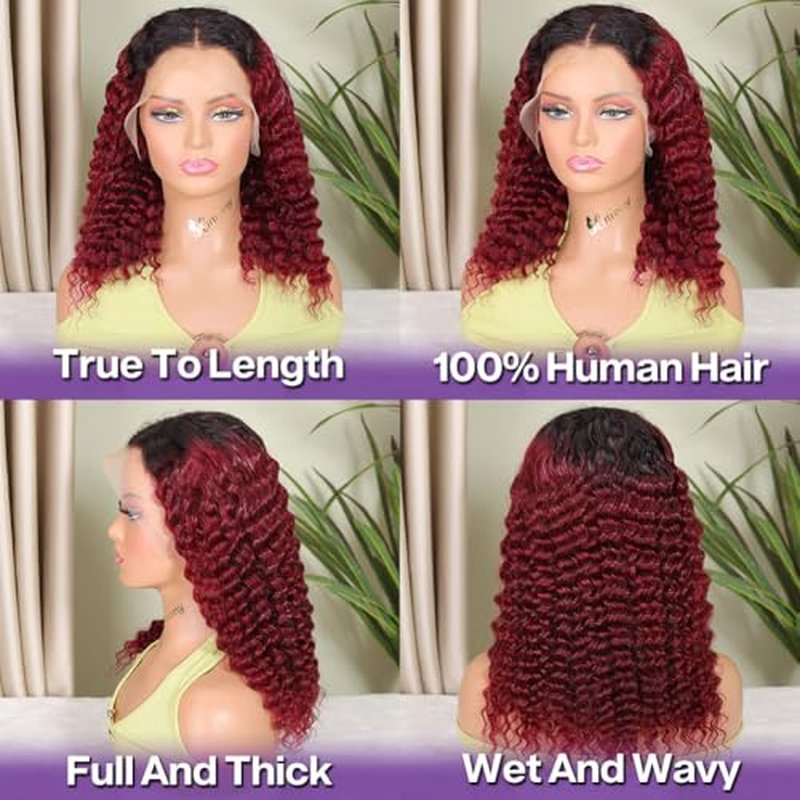 Ombre 99J Burgundy BOB Lace Front Wigs Human Hair For Black Women Wear And Go Glueless Wine Red 13x4 HD Short Deep Wave Curly Frontal BOB Wigs Human Hair Pre Plucked 1B/99J 16 Inch
