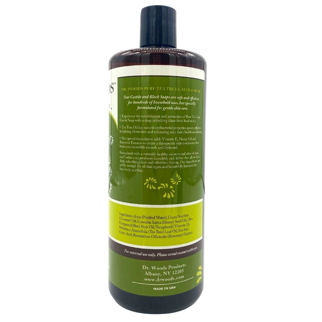 Dr. Woods Pure Tea Tree Liquid Castile Soap - Natural Castile Soap for Body, Hands, and Face with Vitamin E and Hemp Oil, for Men and Women - 32 Fl Oz, Pack of 3