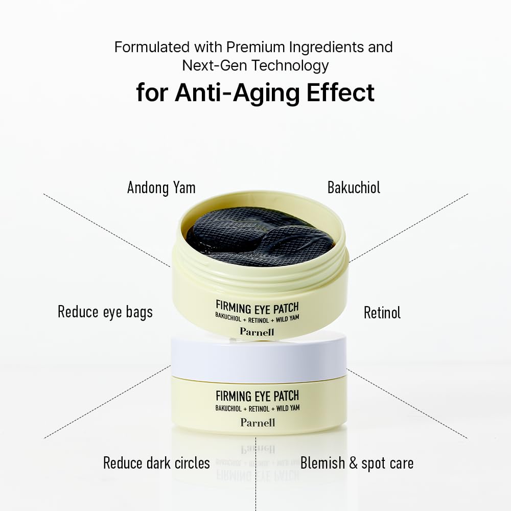 Parnell Bakuchiol Retinol Wild Yam Eye Patch (60ct) | Hydrogel Patches for Wrinkles, Dark Circles & Firming | Cica HA Niacinamide K-Beauty