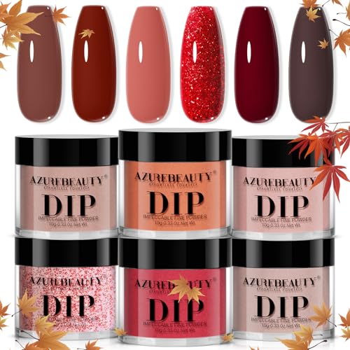 AZUREBEAUTY Dip Powder, Brown Red Glitter 6 Colors Dipping Powder Starter Kit French Nail Art Manicure DIY Salon for Women, No Need Nail Lamp Cured