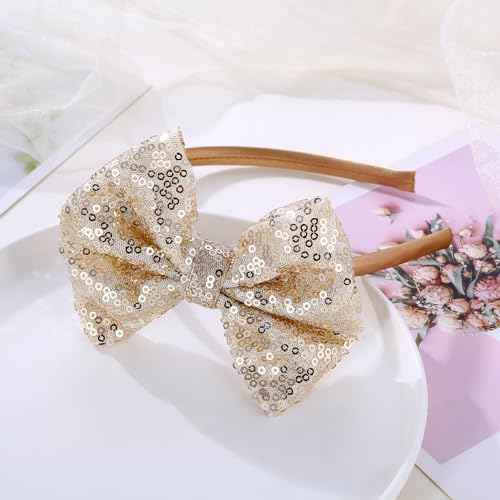 Kiszu Sparkly Sequin Hair Bow Headbands Fashion Glitter Cute Boutique Ribbon Bows for Girls, Kids, and Women (Sliver,Gold)