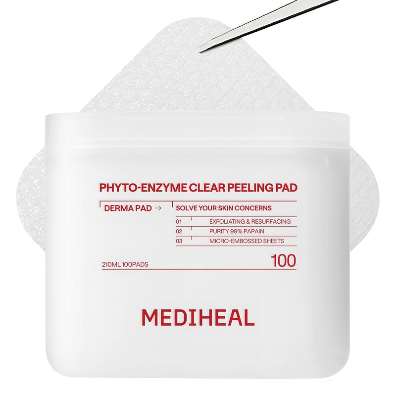 MEDIHEAL Toner Pads 100 Count - Phyto Enzyme Clear Peeling - Exfoliating Peeling Pad with LHA & Papaya Enzyme - Helps Blackhead & Whitehead Removal - Dual-Textured Pad for Pore Care, Korean Skin Care