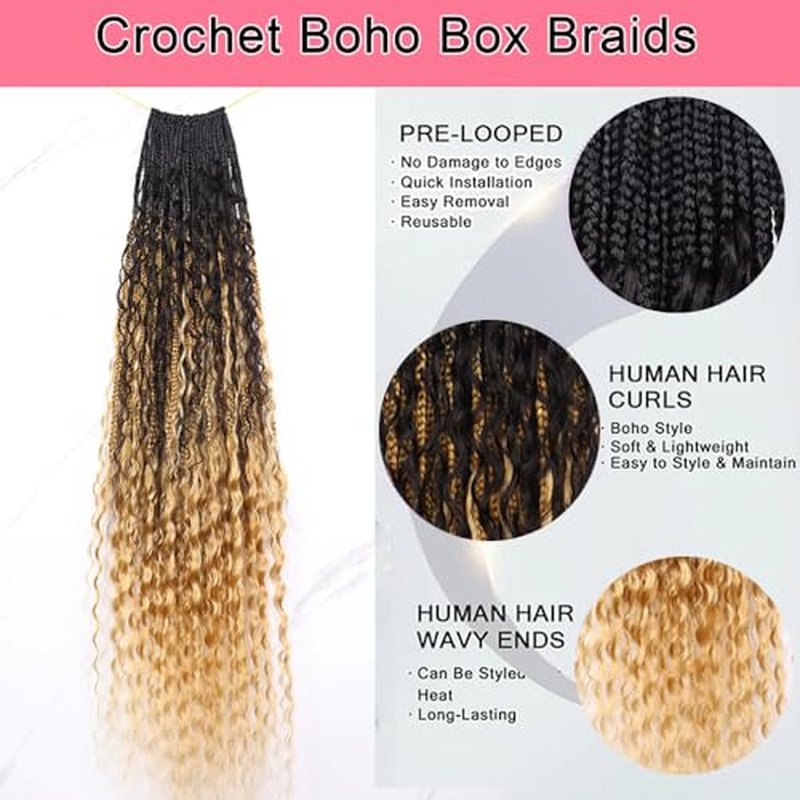 Crochet Boho Box Braids With Human Hair 1bT27# Honer Blonde Color Pre Looped Hair Goddess Box Braids With Human Hair Curly Full Ends Hair Extensions For Women 24inch 1 Pack(40 Strands)