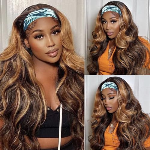 Fylora Ombre Headband Wig Human Hair Body Wave #4/27 Highlight 18 Inch Headband Wigs Human Hair Wigs for Black Women Brazilian Virgin Hair Wear and Go Glueless Wig None Lace Front Wigs 150% Density